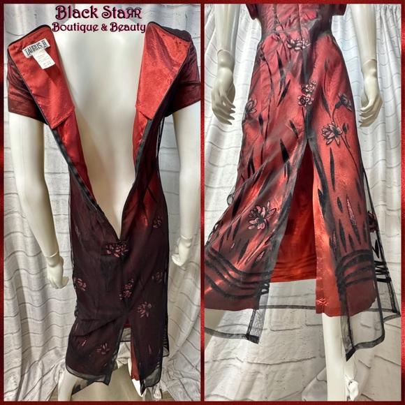 Deep red w/black lace overlay short sleeve V neck long dress by Taurus II. Sz 6P - Picture 3 of 4